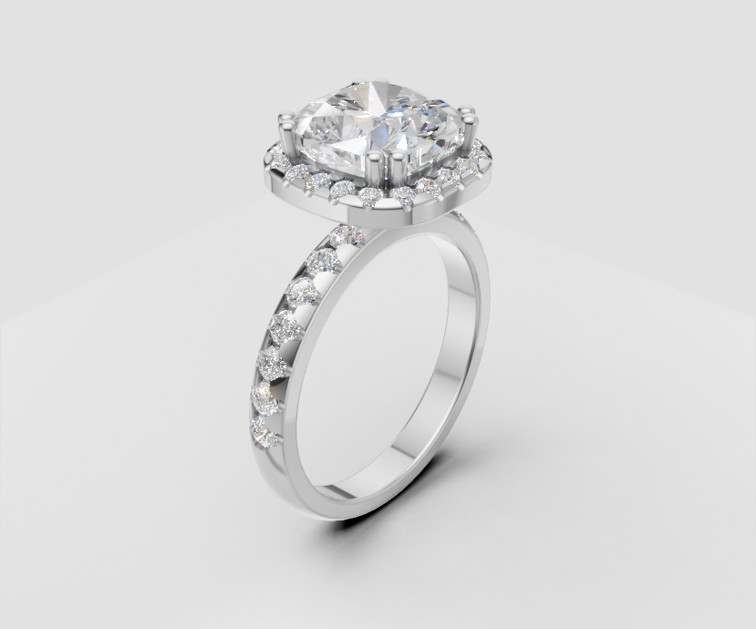 3ct Cushion Solitaire with Halo and Half Pave Band - Laboratory Grown Diamond