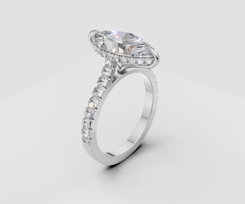 3ct Marquise Solitaire with Hidden Halo and Half Pave Band - Laboratory Grown Diamond