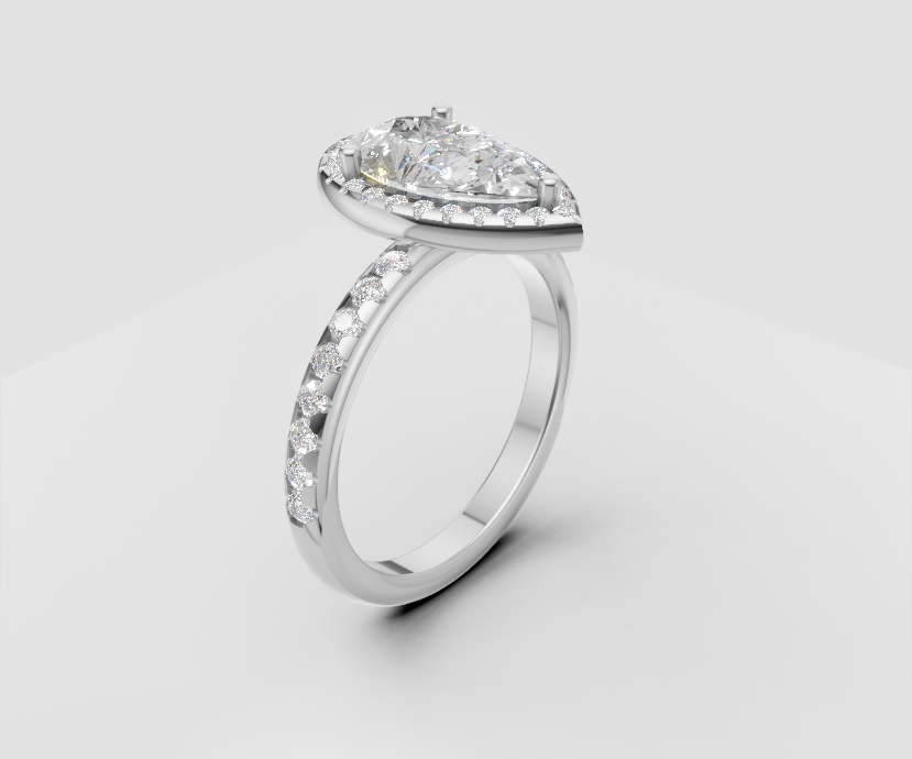 1.5ct Pear Solitaire with Halo and Half Pave Band - Laboratory Grown Diamond