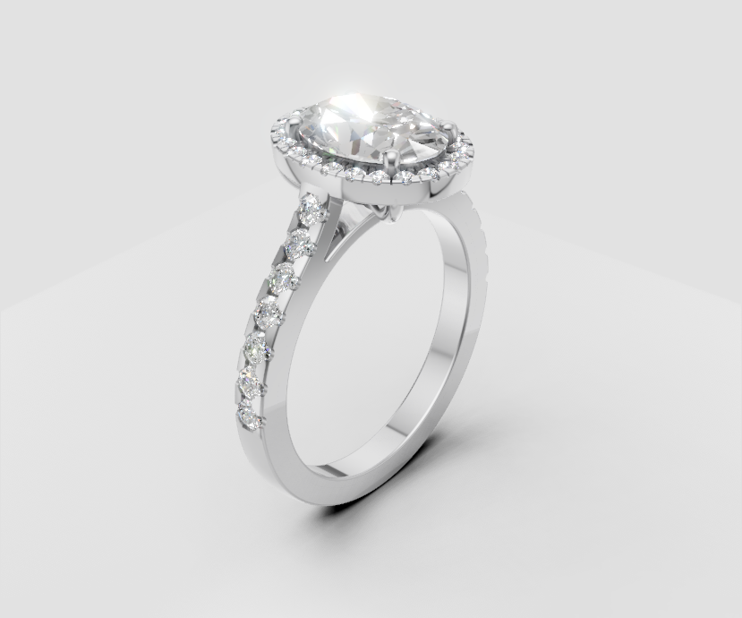 1.5ct Oval Solitaire with Halo and Half Pave Band - Laboratory Grown Diamond