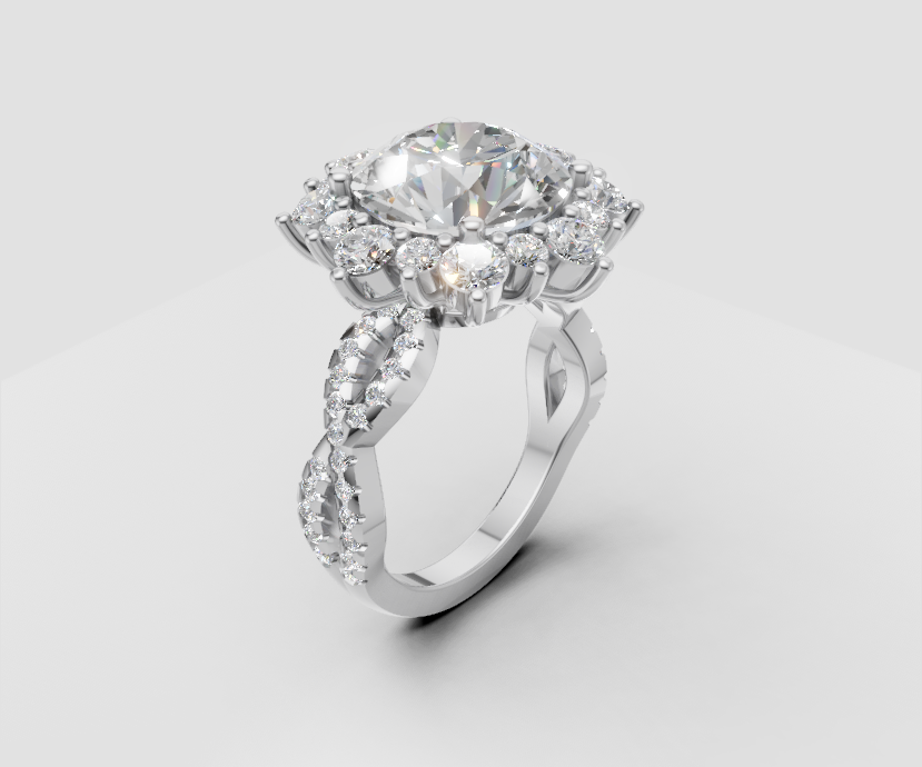 5ct Round Solitaire with Halo and Half Pave Band - Laboratory Grown Diamond